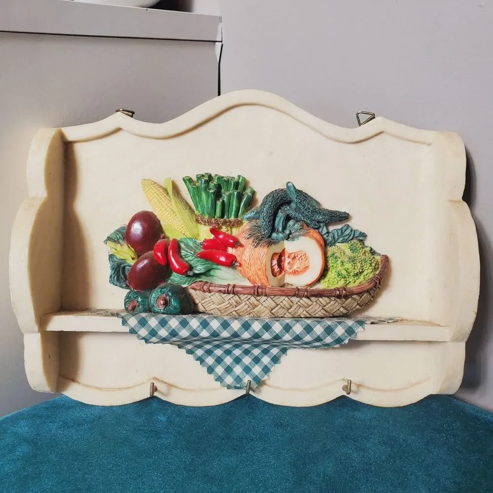 Kitchen Hanging Plaque Sculpted Veggie Weave Basket Wall Decor Hooks 8.5
